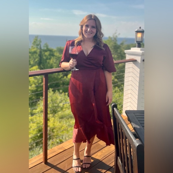 NWT Lulus Burgundy Satin Faux-Wrap Midi Dress - Picture 8 of 10